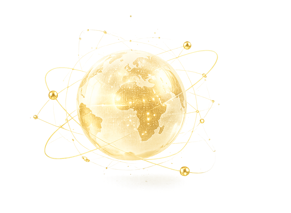 Golden globe with orbital particles